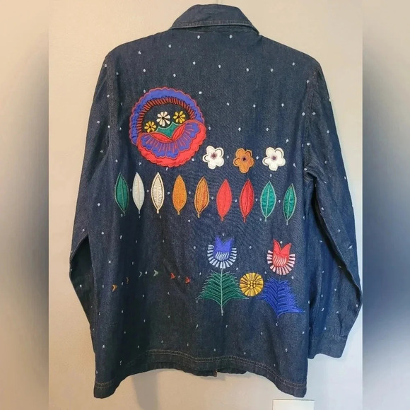 Embroidered sequins colorful blue jean denim shirt jacket shacket M Boho Artsy - Picture 2 of 9